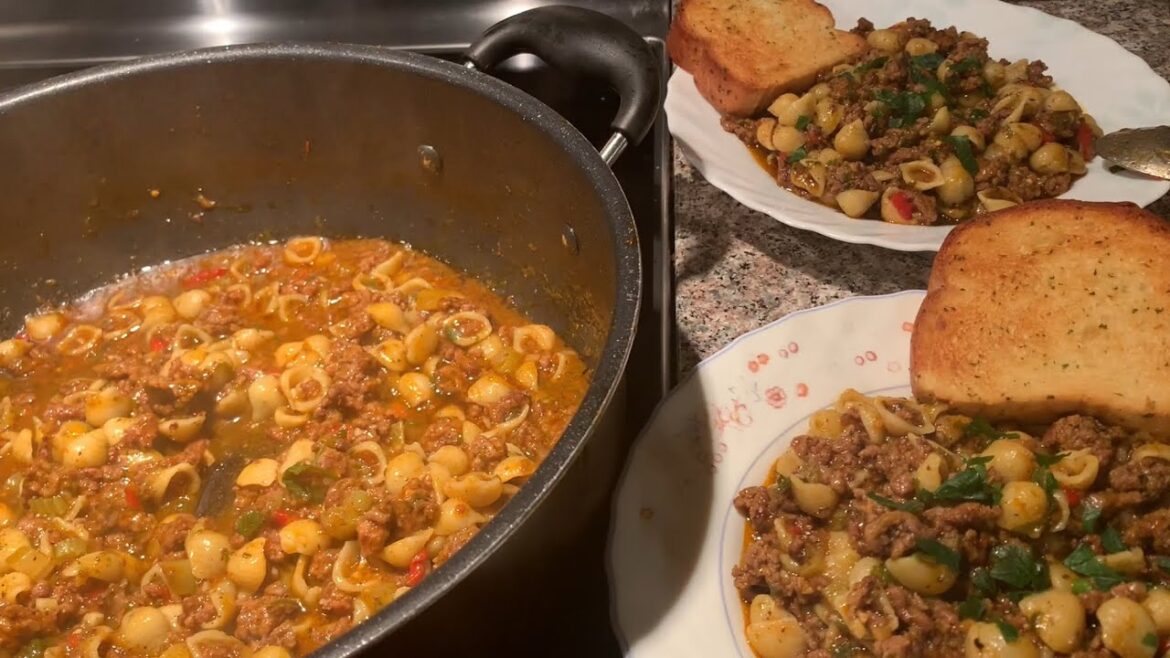 Easy meat sauce, pasta, all in one pan budget friendly step-by-step recipe.