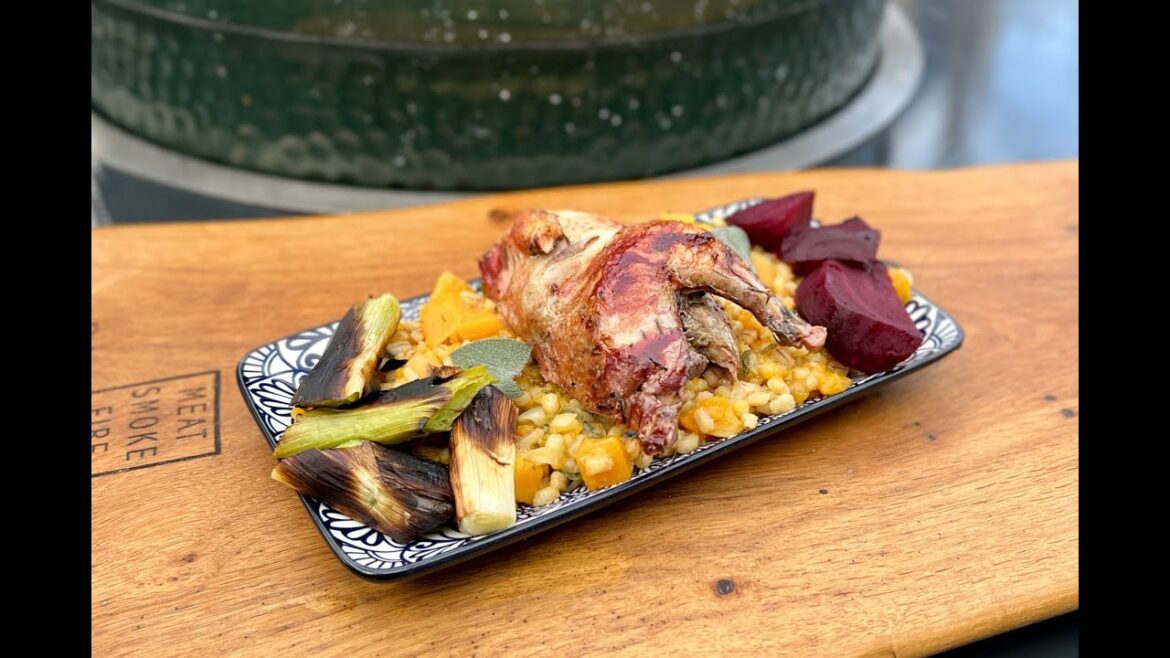 Rotisserie partridge served with pearl barley and squash risotto, dirty beetroot and leeks. Rotisserie partridge served with pearl barley and squash risotto, dirty beetroot and leeks.