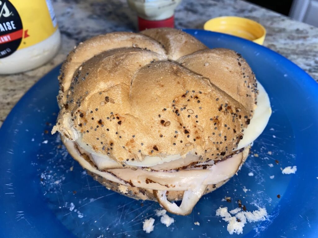 Two types of Turkey, Mesquite Smoked and Honey Turkey, Provolone cheese, Dukes, Dijon, on a Everything Style Kaiser Roll