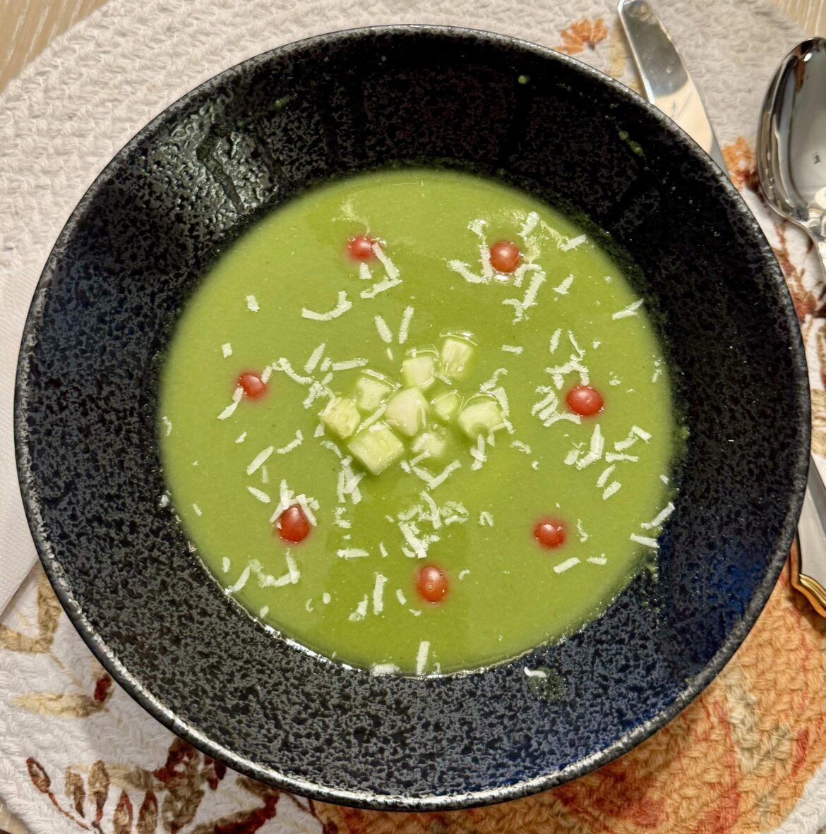 Cucumber Gazpacho with Parmigiano-Reggiano and Everglades Tomatoes.