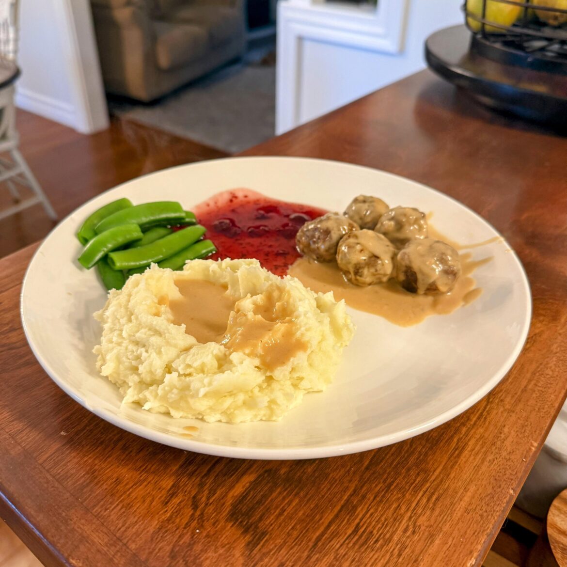 Swedish-Style Beef Meatballs with Creamy Gravy, Mashed Potatoes and Buttery Snap Peas