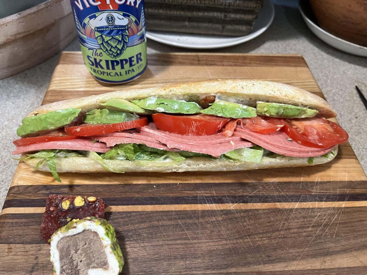 A stranger at a Turkish deli insisted that the best sandwiches come from Turkish mortadella. He suggested 2 varieties. This is the 1st, black pepper mortadella. Keep it simple, he admonished. Lettuce, tomato, mayo, & avocado. That’s it. But the avocado is important. Don’t forget the avocado.