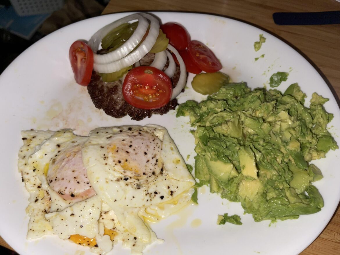 1/3rd pound of grass fed ground sirloin, 3 organic eggs, 2 small avocados. One of my new favorite, 10 minute meals.