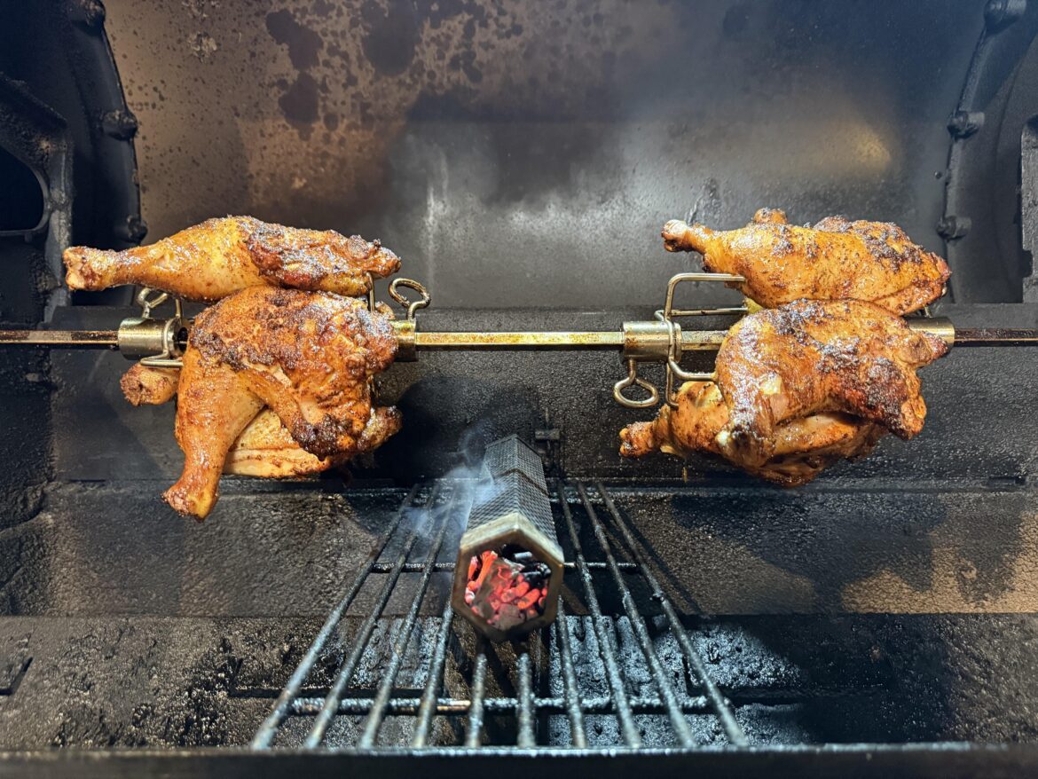Chicken quarters on the Weber Searwood rotisserie