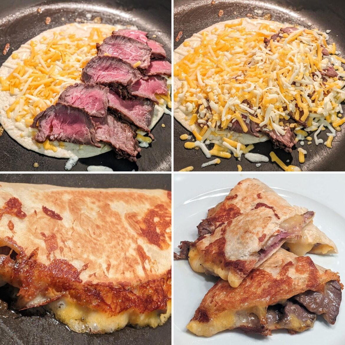 Perfectly grilled med rare NY strip leftovers on a 4-cheese quesadilla. Can't do all the homemade hot sauce and extras I used to but this steak shined.