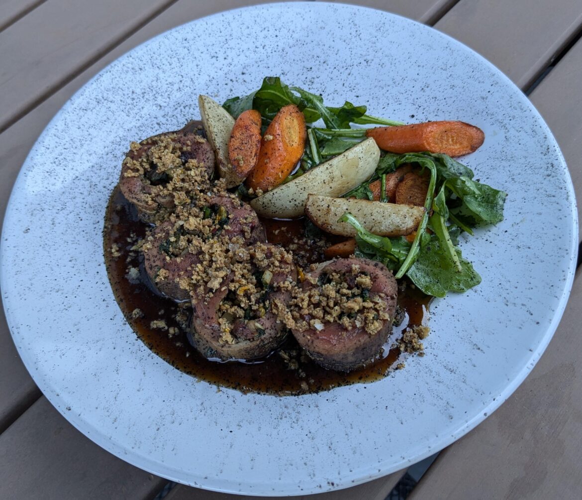 Venison Flank Roulade, Fall Vegetables, Cherry Jus, Black Pepper Crumble