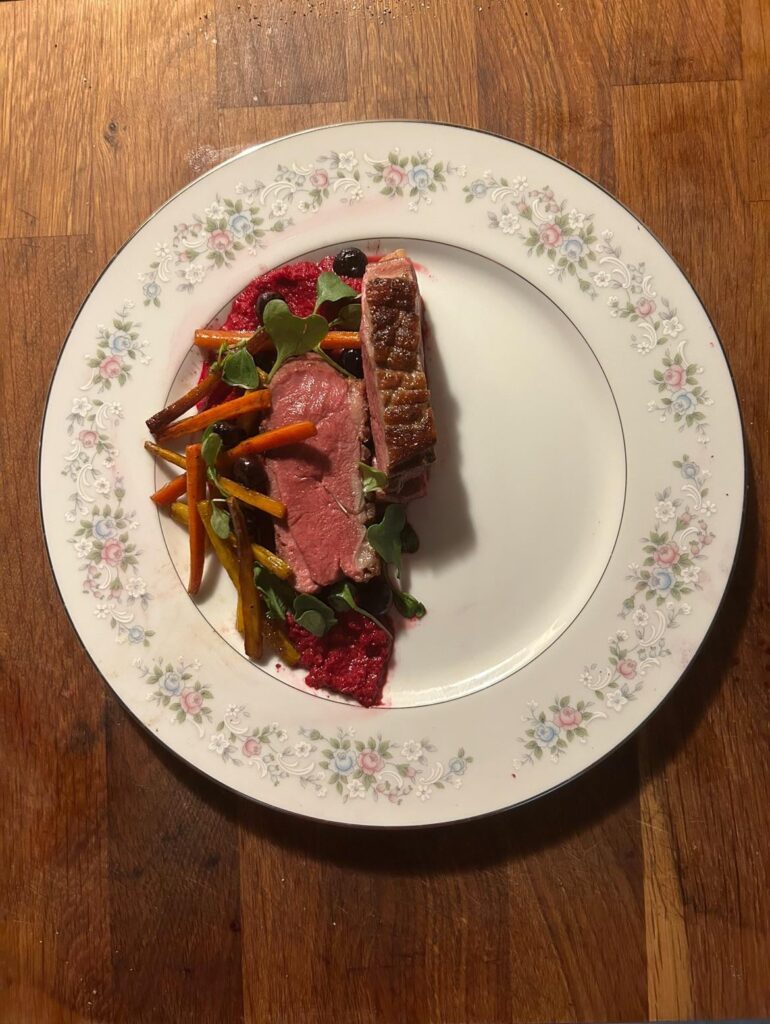 Pan-Seared Duck. Glazed Carrots. Beet Puree