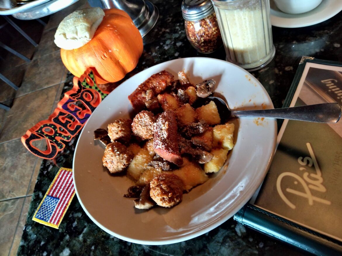 Happy National Pasta Day 2024 , Pias since 1955 Taylor Mi. Asiago Infused Gnocchi in Garlic Oil topped with Fennel Sausage Meatballs and Mushrooms.