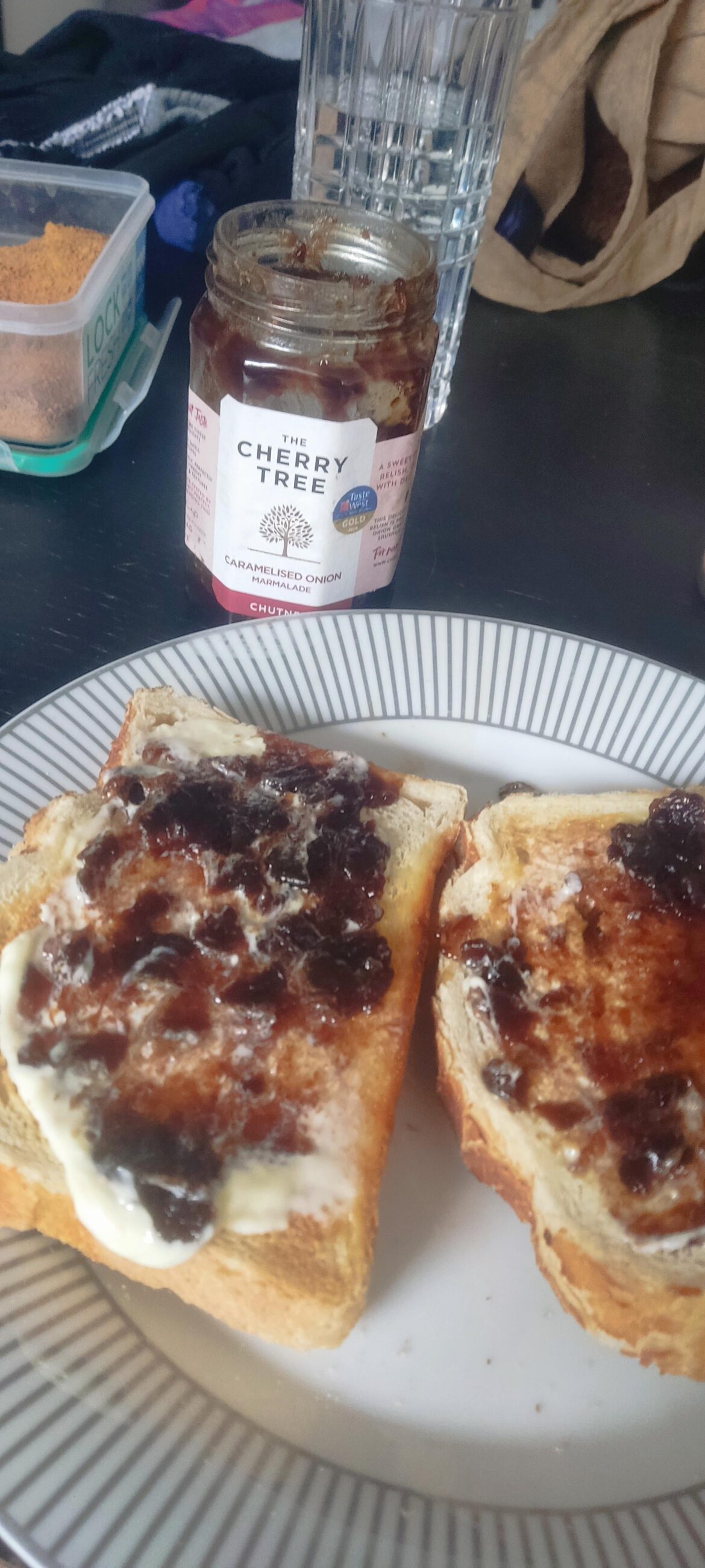 I thought this was a 'cherry' marmalade. Turns out Cherry Tree is the brand, and it's actually caramelised onion marmalade. Not exactly my idea of breakfast.