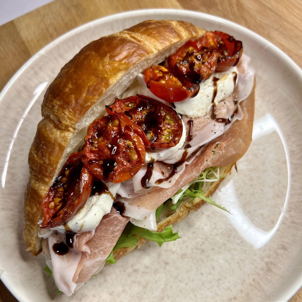 Parma, Fresh Mozz, Roasted Tomatoes, Balsamic Glaze, Croissant