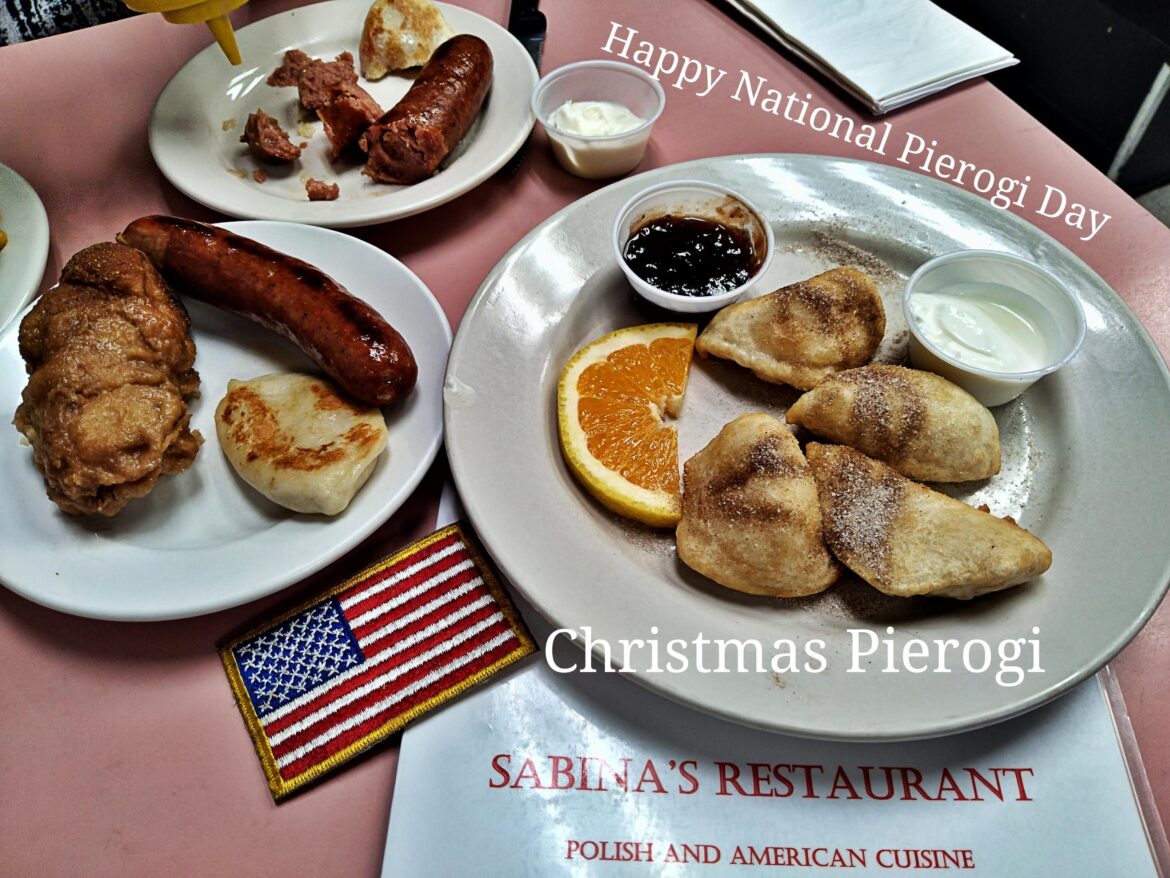 Happy National Pierogi Day 2024. Christmas Pierogi on the menu everyday 😋. Filled with Farmers Cheese, Deep Fried dusted with Cinnamon n Strawberry Jam w Sour Cream for dipping. Sabina's Melvindale Mi