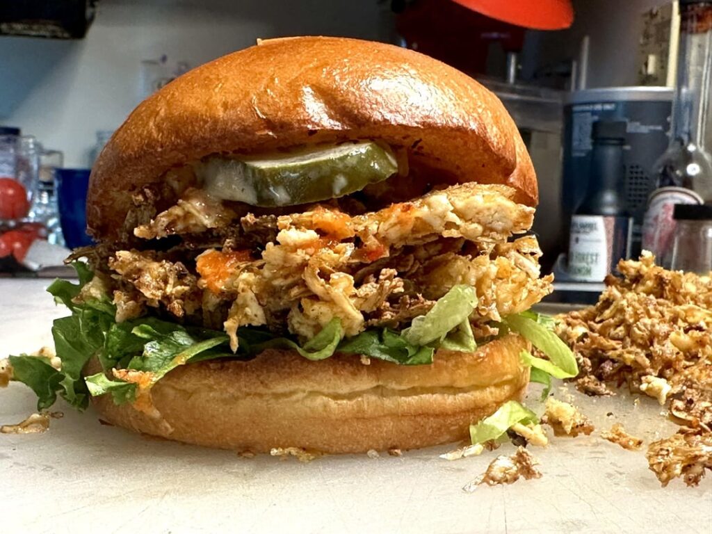 Shredded tofu “fried chicken” sandwich