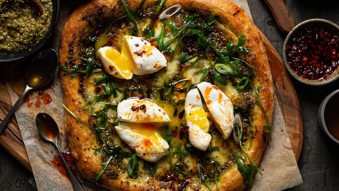 poached egg-topped pizza