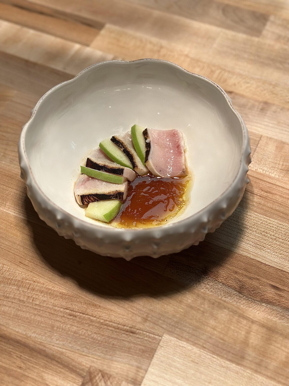 Swordfish belly, raw apple, green apple ponzu, Henlopen salt
