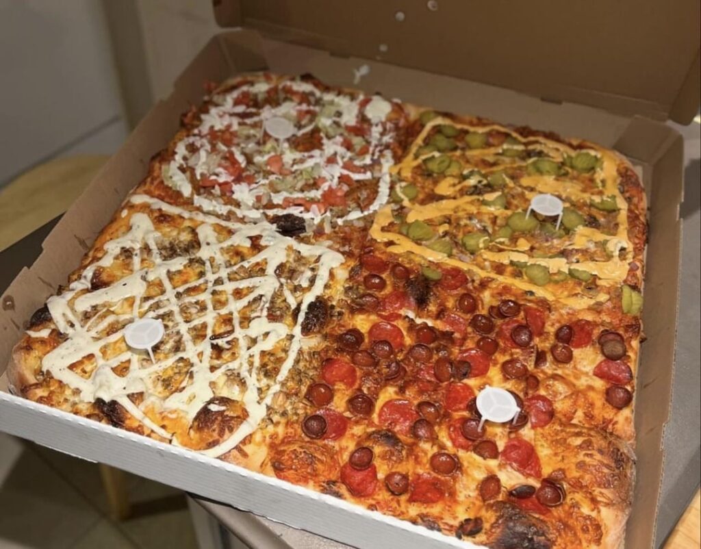 Giant square pizza with 64 slices and 25’’. We have pepperoni section, chicken shawarma section and two deluxe sections. What do you guys estimate per slice? Each section has 16 slices.