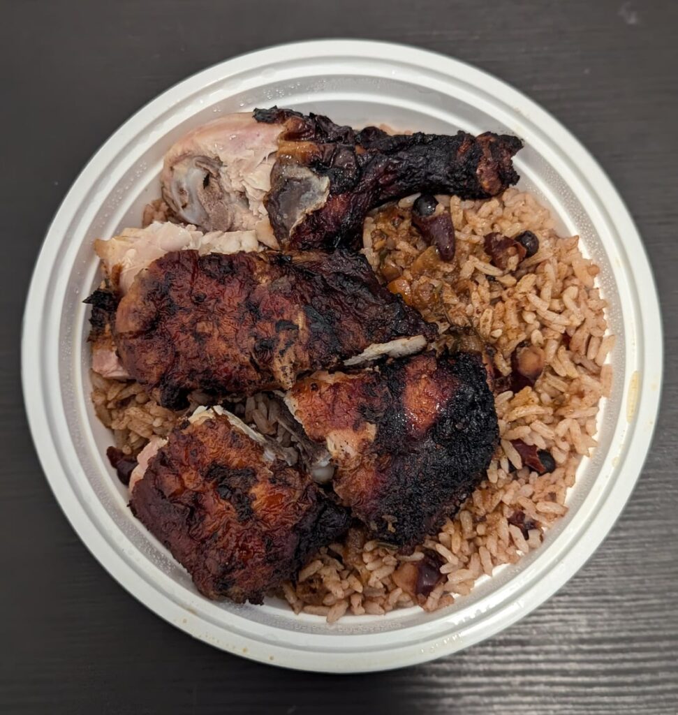 Jerk chicken fresh from the steel drum from L&P Village Green Jamaican Restaurant