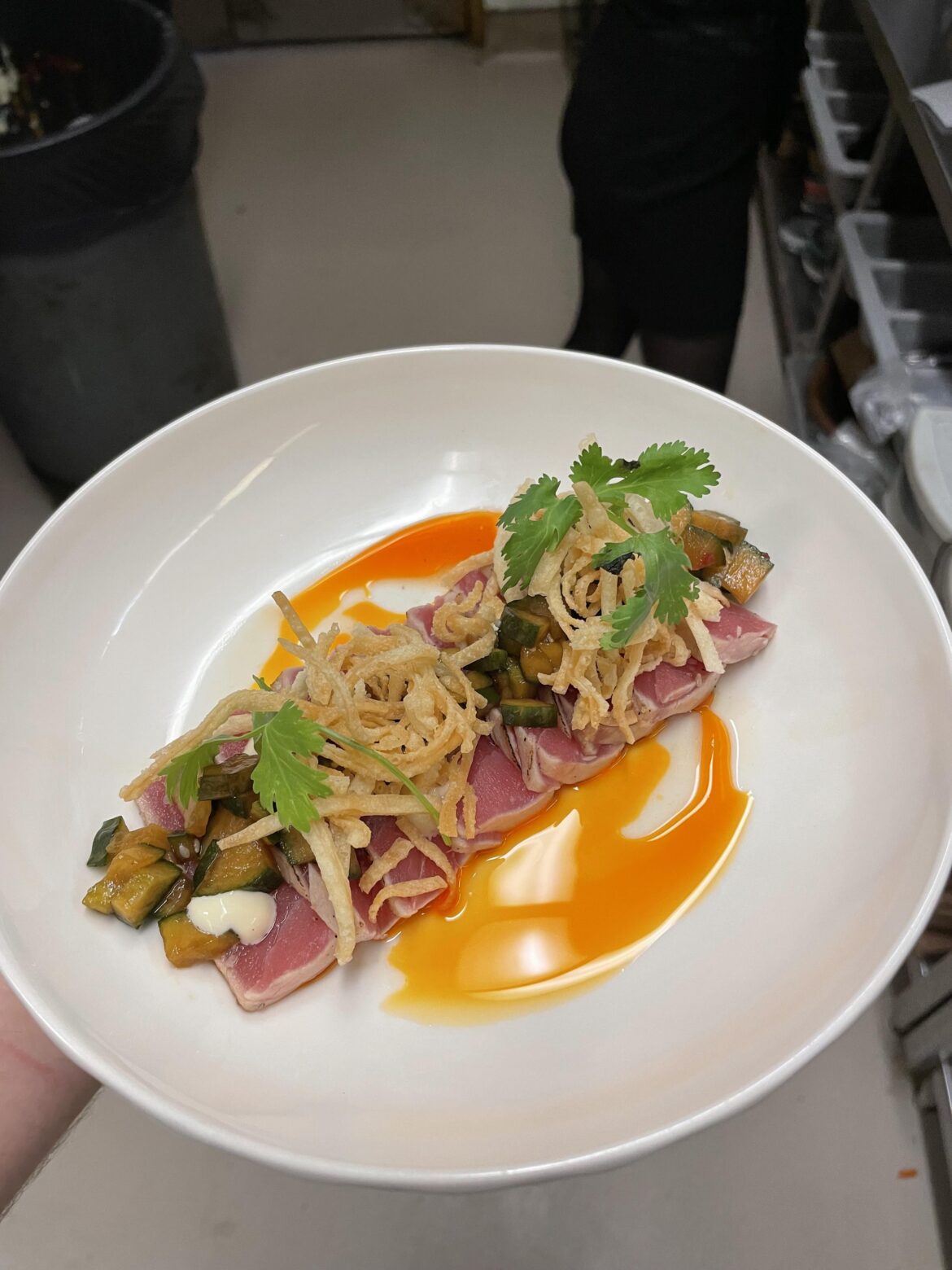 Torched tuna, wontons, smashed cucumber, sesame mayo, chili oil