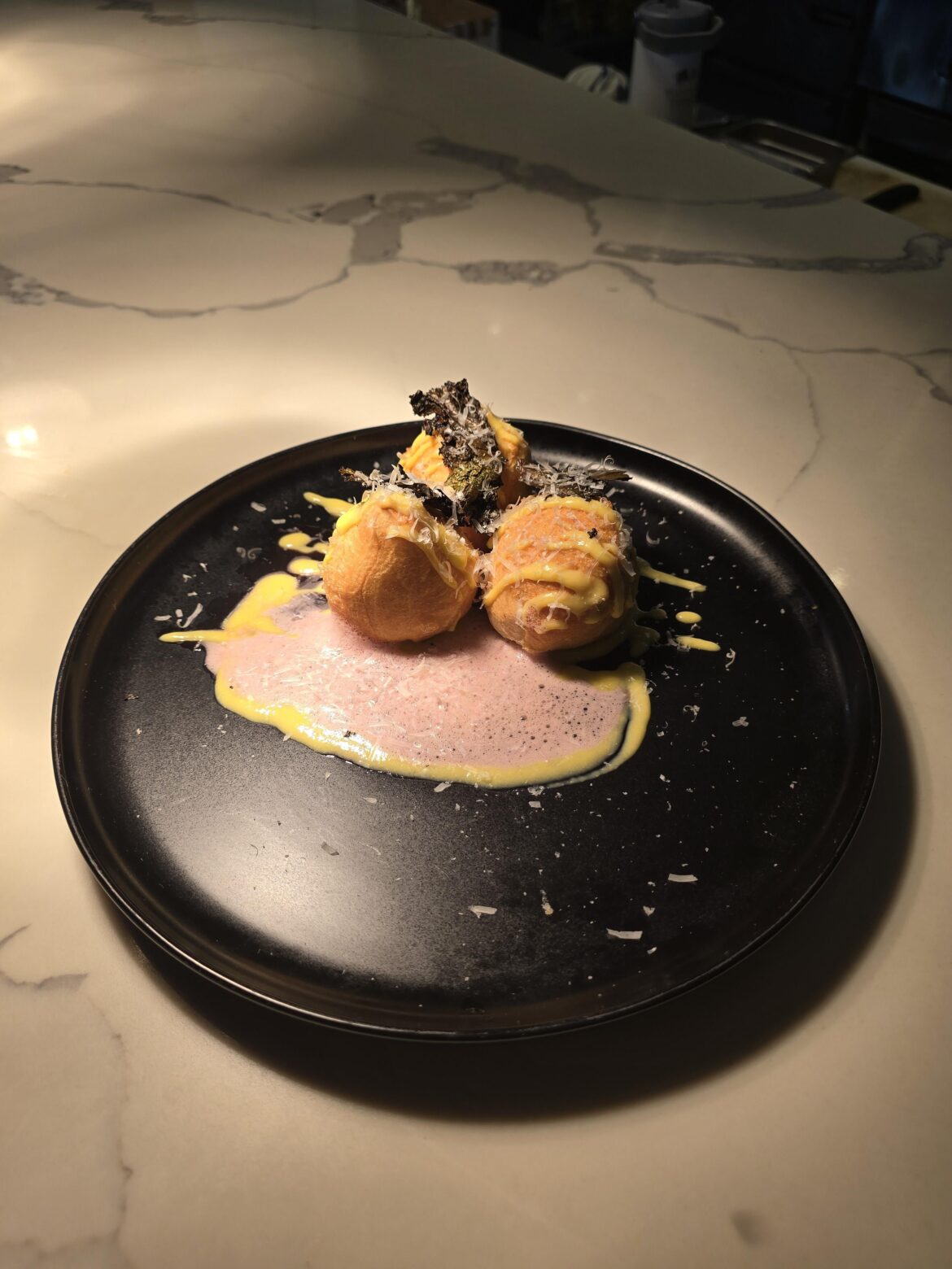 Fried dough, corn puree, kale chips, red wine vinegar emulsion, Parm cheese