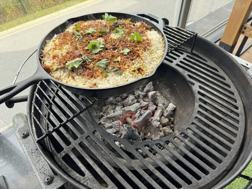 My recipe for a super smokey, spicy and oniony lamb biryani