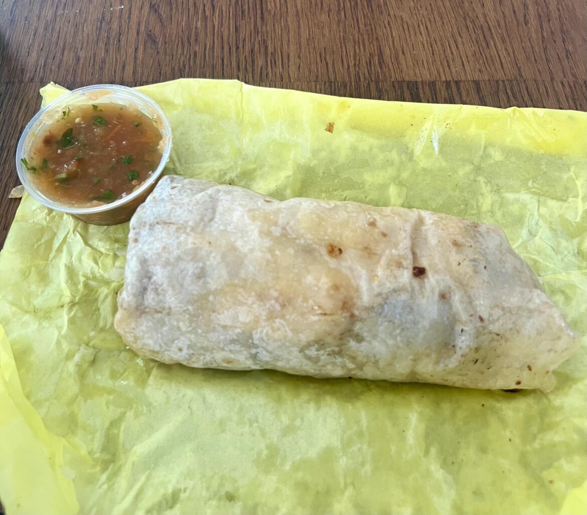 Bravos char burger on Manchester. Asada breakfast burrito $10.99 great size and very filling, packed with asada. Somewhat heavy for breakfast but delicious non the less! Mixed bacon and sausage is my fav!