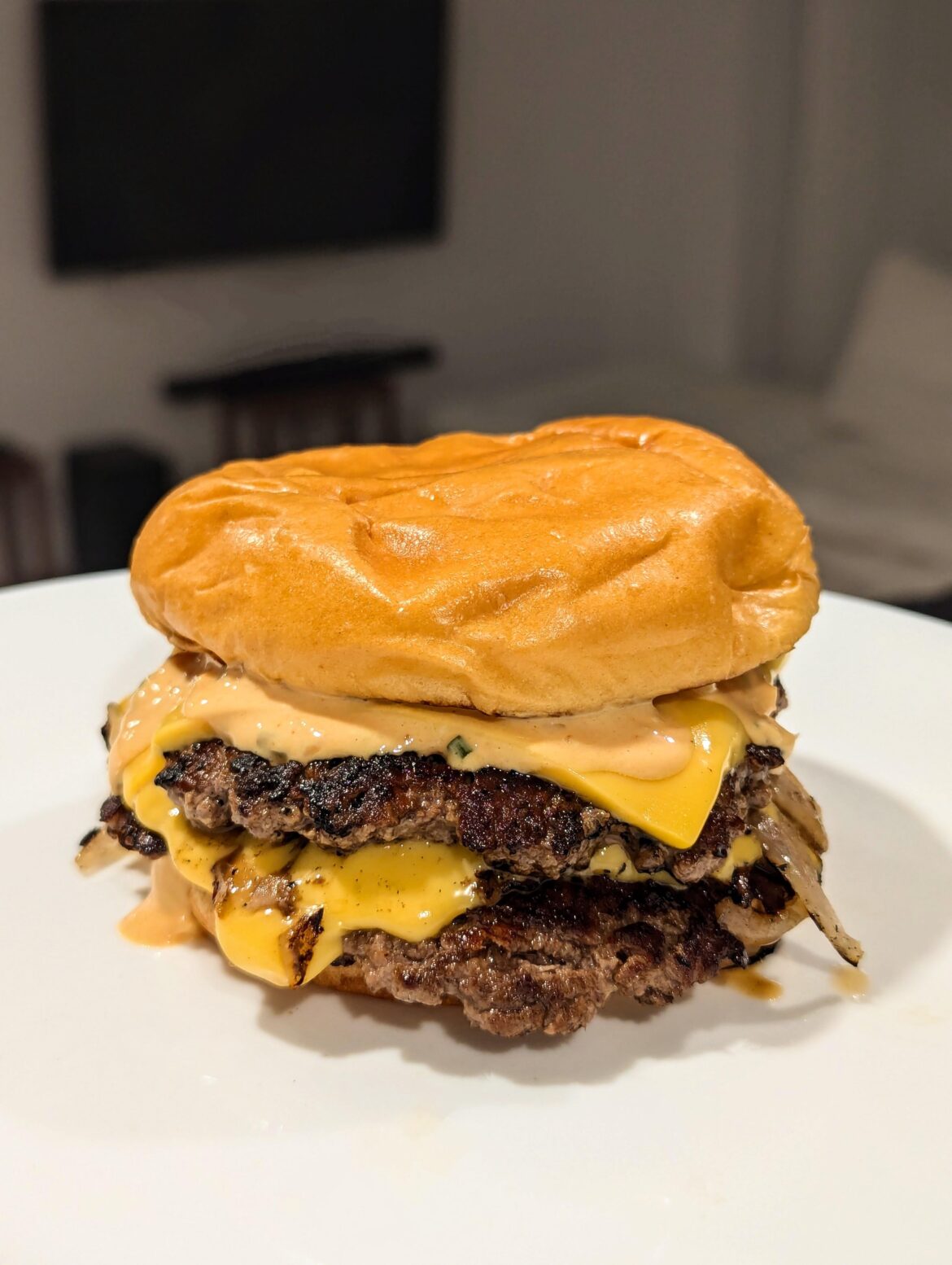 First burger in a while -- I tried to copy the patty style from Five Guys, but with In-N-Out spread