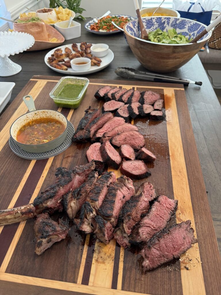 Smoked, then grilled off on the Komodo. 2 tri tips and a tomahawk for dad’s birthday with a cowboy butter and chimmichuri !