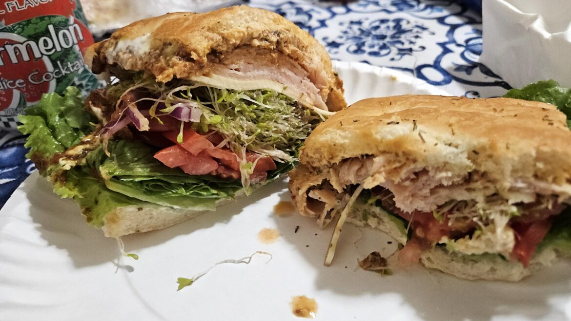 Turkey, Gouda, sprouts, chipotle pesto, on rosemary focaccia.