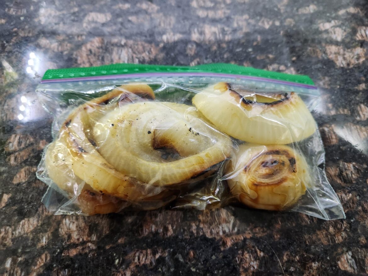 Some people travel with a snack bag of crackers or nuts. Me? Grilled onions