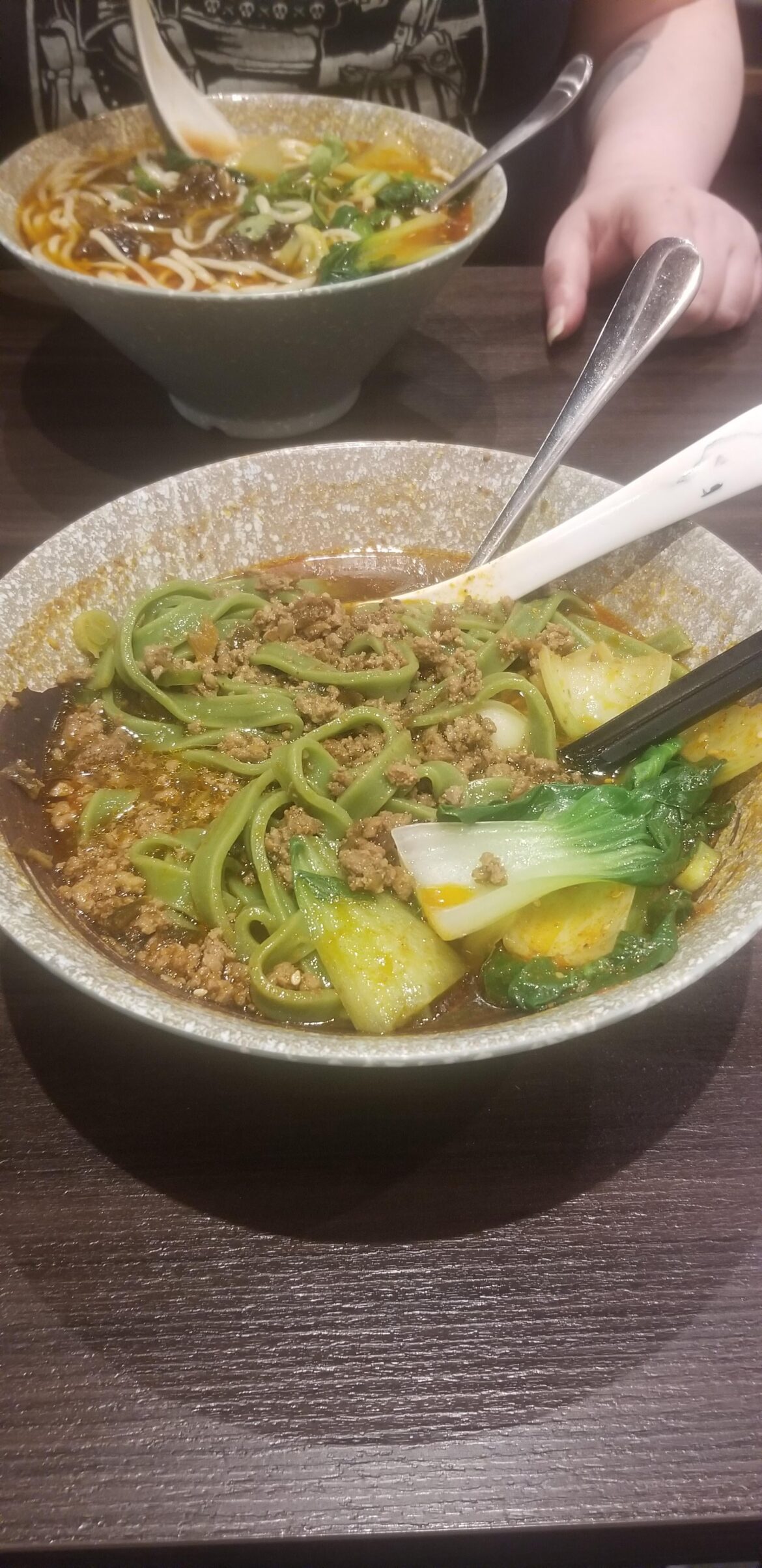 Spinach noodles with minced pork at Szechuan Noodle Bowl