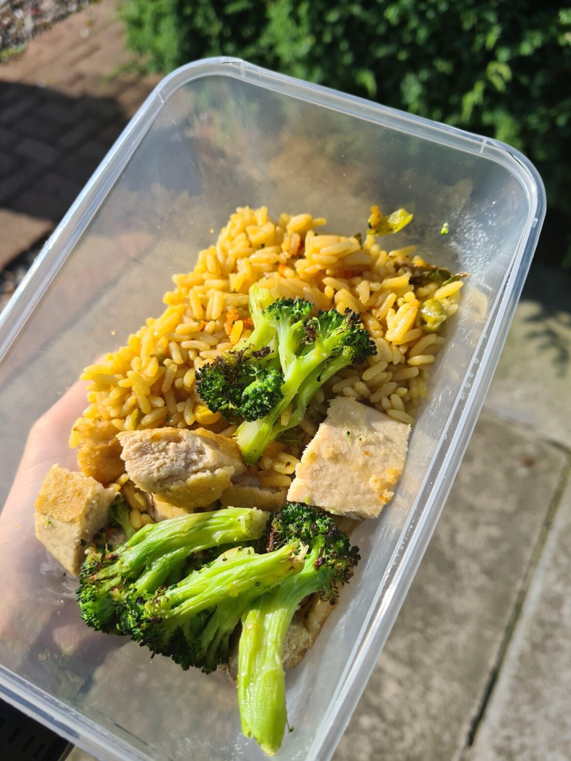 Vegetable rice, broccoli, fillets, and peppers (356 cals)
