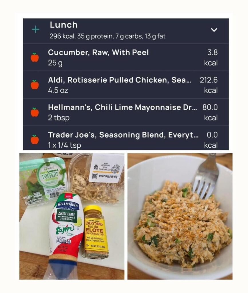 Spiced Elote chicken salad - fewer than 300 calories - 35g of protein - 7g carbohydrates