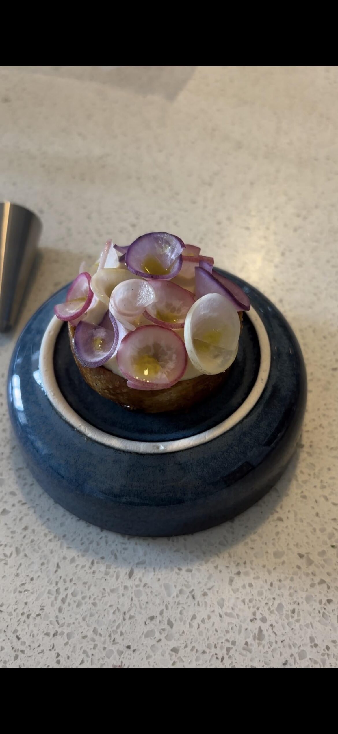 Radish, pork lard tart, spicy chèvre