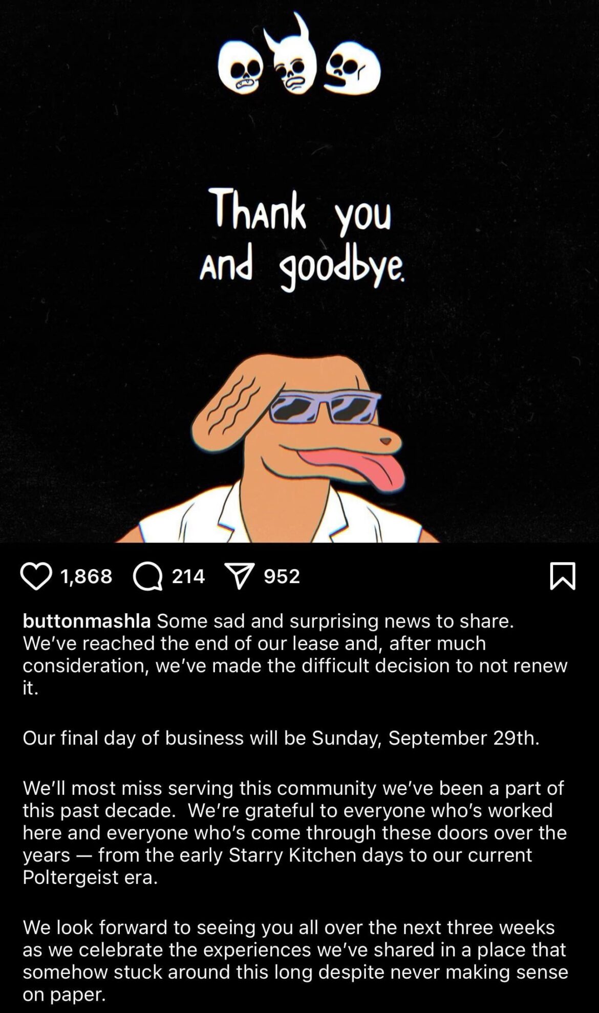 Button Mash is closing end of September