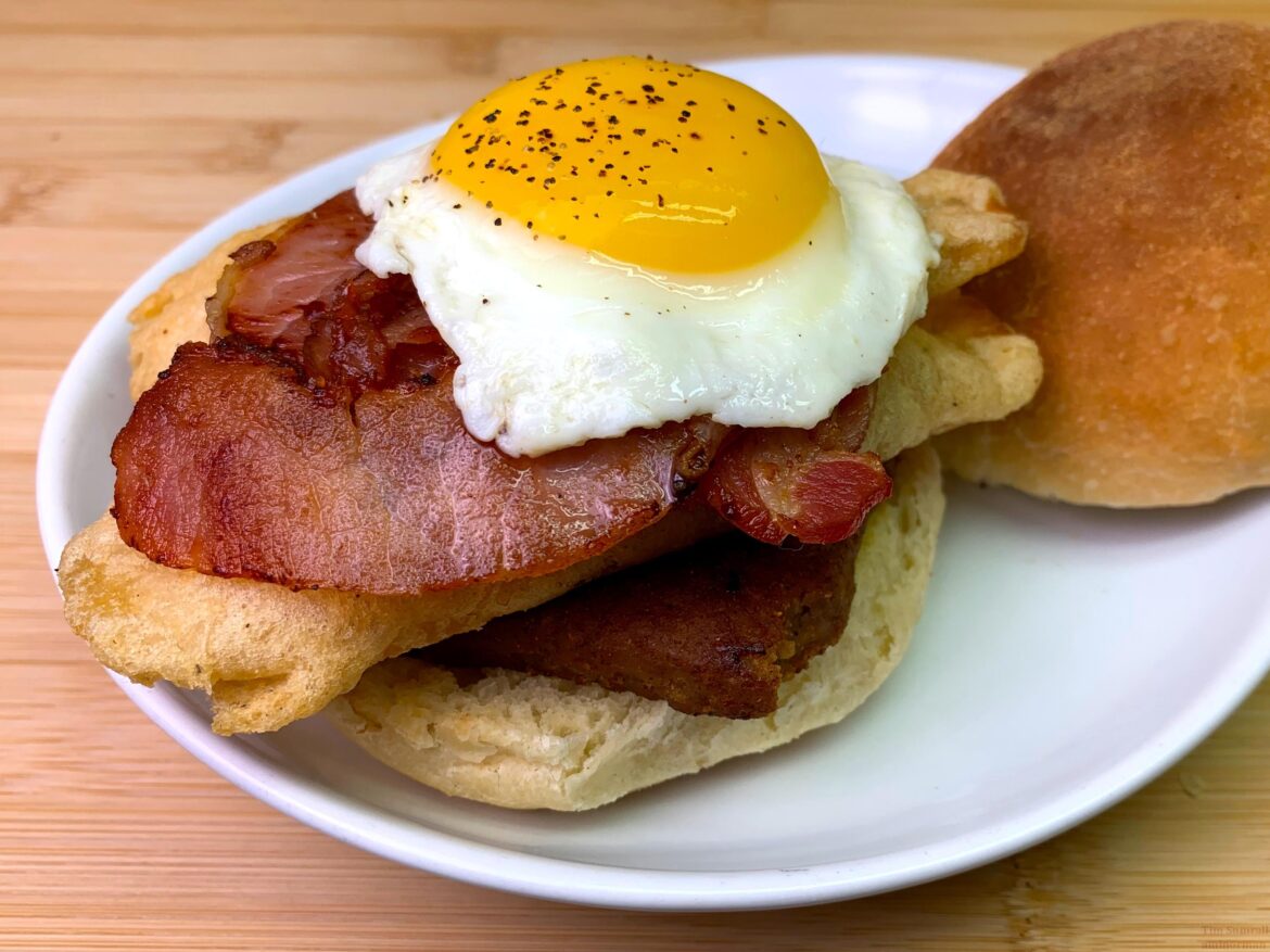 Back Bacon, Lorne, Potato Fritters with a chin dripping egg