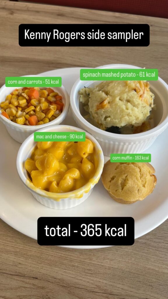 is my guess-timate quite right? ~365 kcal on Kenny Rogers side samplers