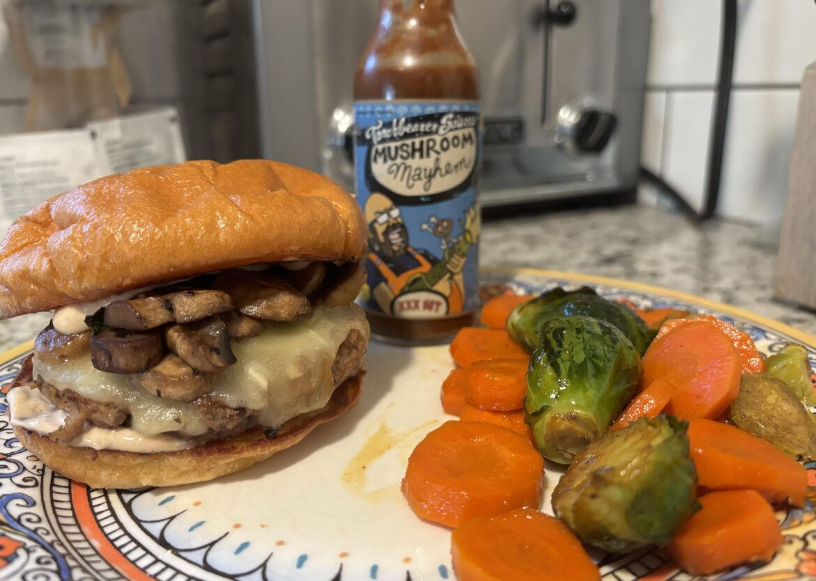 Made a mushroom + brie burger w/spicy mayo using Torchbearer’s Mushroom Mayhem sauce