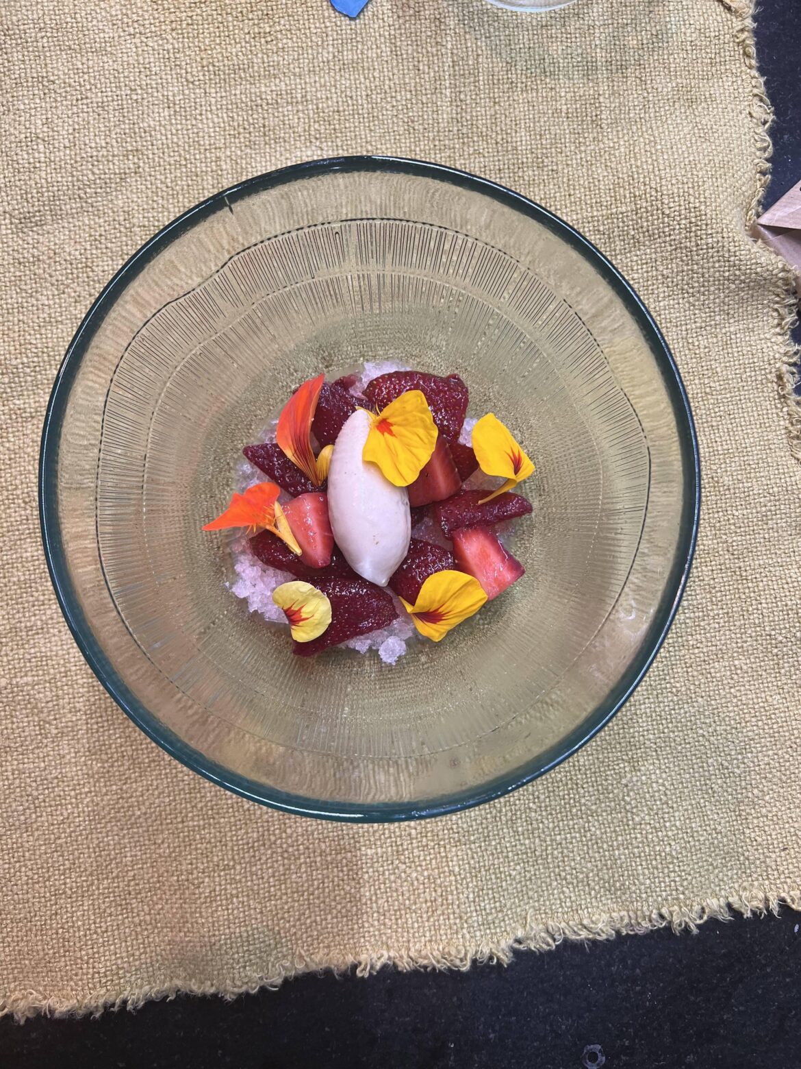 Strawberry Kefir Granita, Rose Ice Cream, Nasturtium.