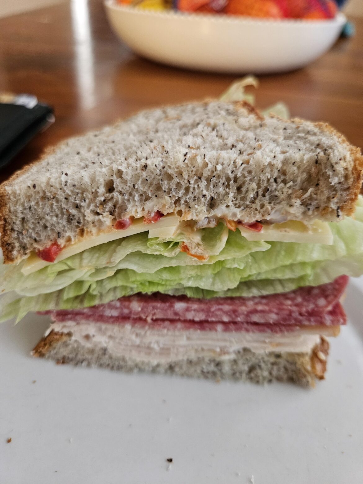 Turkey, salami, and Swiss on homemade buckwheat bread with homemade garlic mayo and Tallaricos's hot pepper hoagie spread.