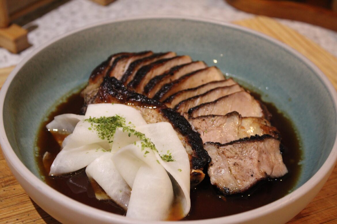 Charred Bone-in Pork Chop with Sake Marinade Daikon strips and Apple Sukiyaki Tare