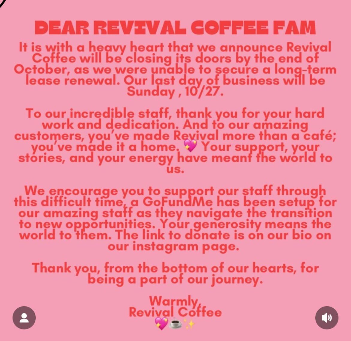 Revival Coffee Shop on 7th closing