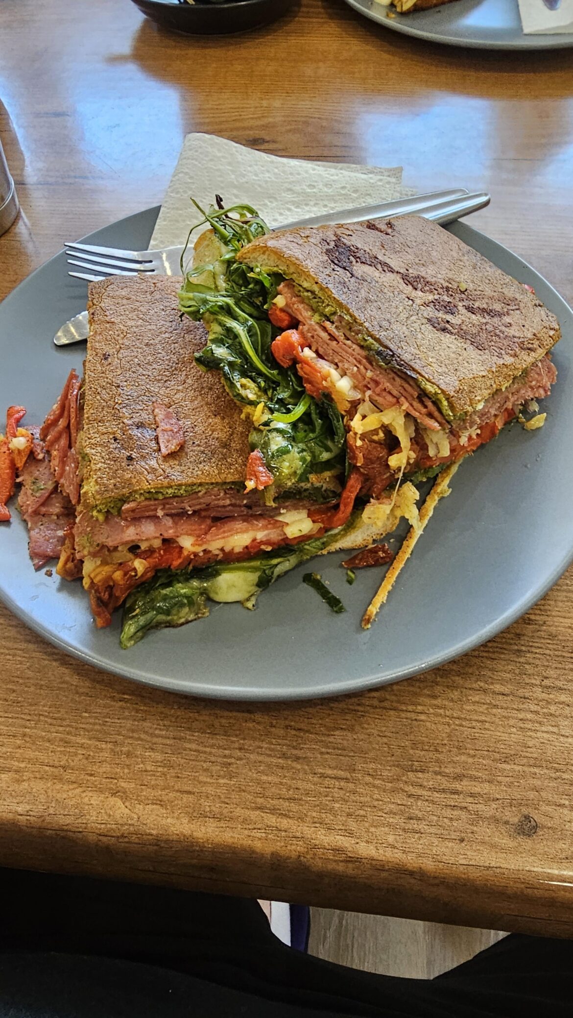 Salami, mozzarella, pine nut pesto, spinach, sun dried tomatoes, and some spanish onion. Barely managed to finish