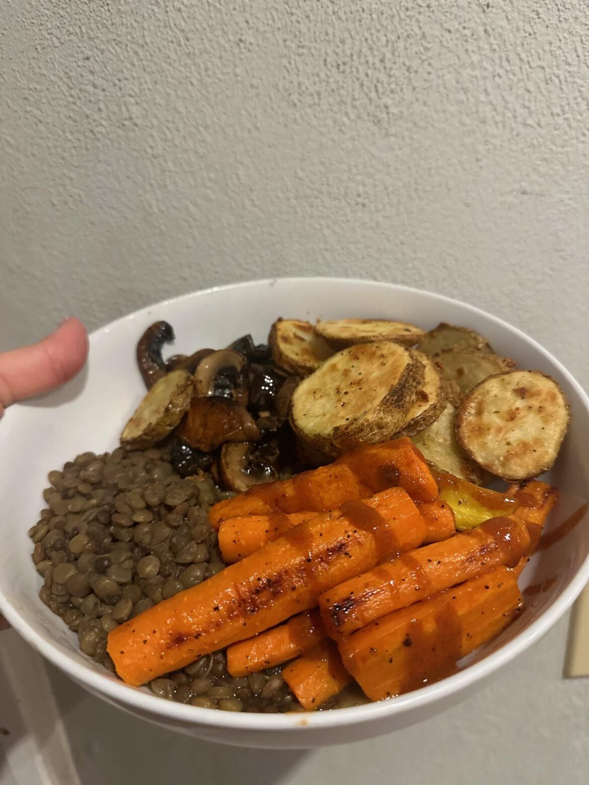 Roasted Potatoes, Carrots, Lentils and cast iron mushrooms.