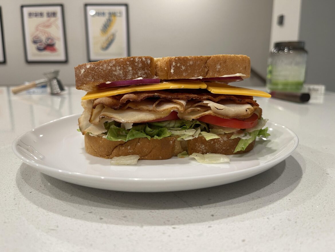 Turkey, bacon, cheddar, and some other goodies.