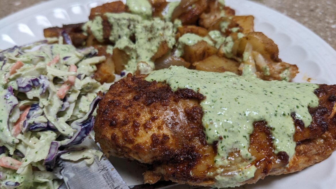 The Peruvian style (baked) chicken with green sauce always hits the spot