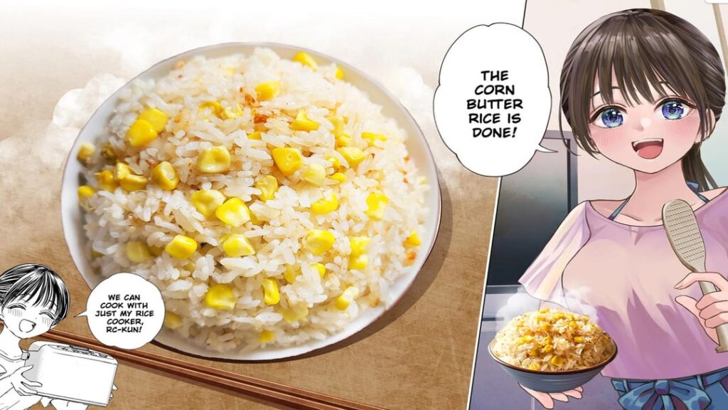 Made Corn Butter Rice from the "Set It and Forget It" manga with my rice cooker. What you see in the first picture is the actual rice dish I made photoshopped into the original image. Recipe in comments.