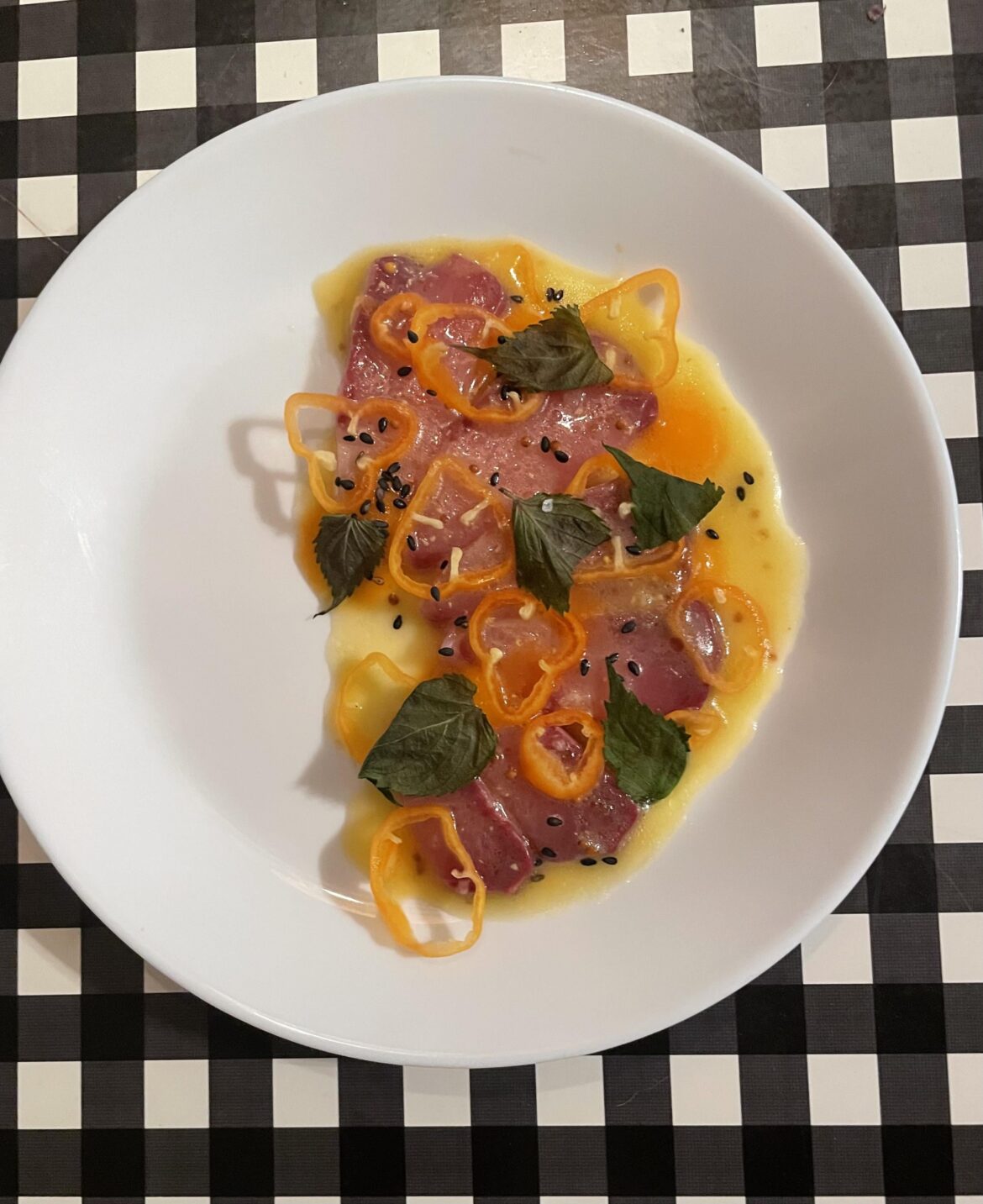 Hamachi crudo, habanada pepper, shisho, sesame