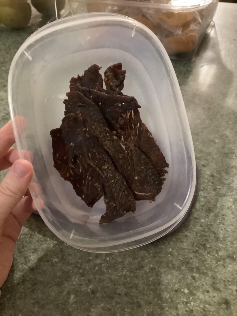 First few pieces of the Carolina Reaper beef jerky my dad made for me First few pieces of the Carolina Reaper beef jerky my dad made for me