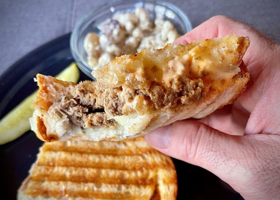 Meatloaf on sourdough with pepperjack and sriracha mayo