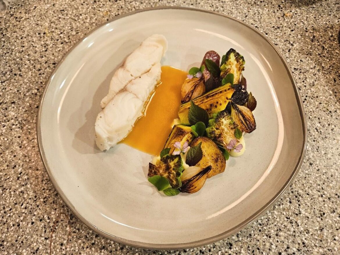 Cod, miso sauce, roast veg, romanesco puree