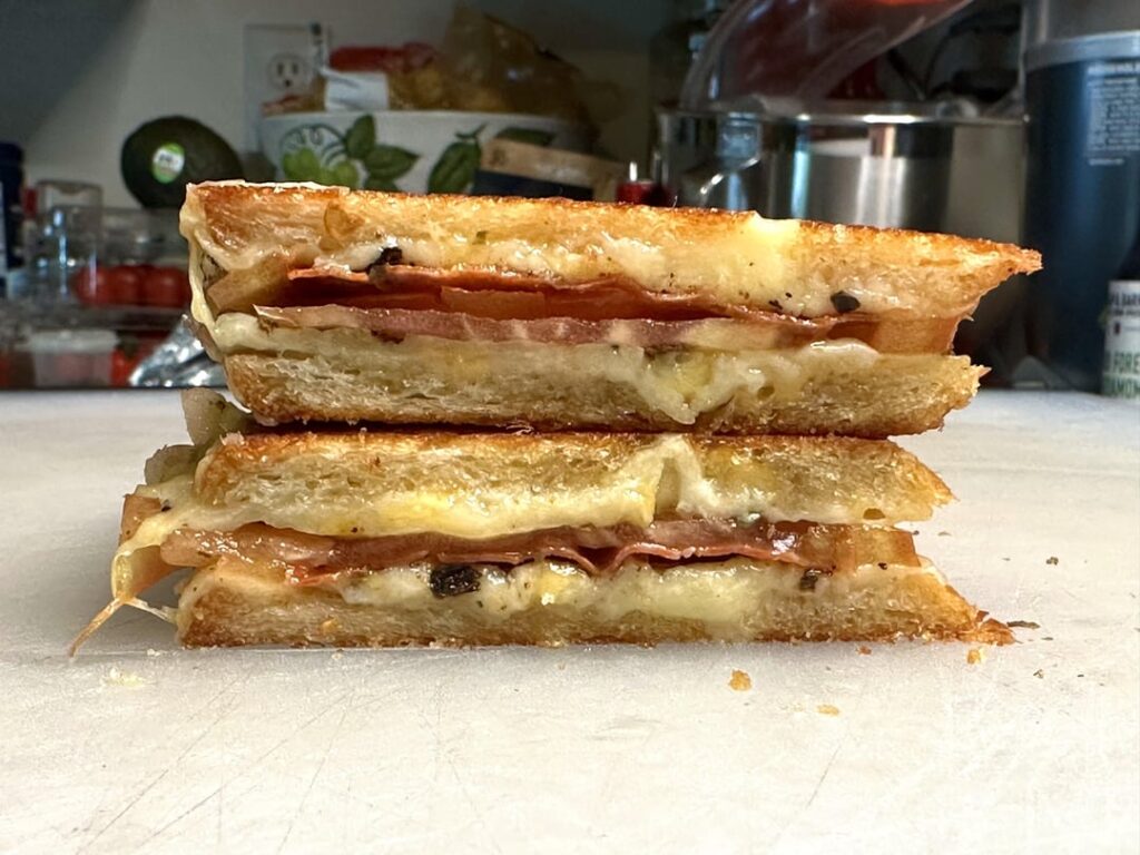 I made lunch for a friend. Sweet and spicy melt with deli-sliced Spanish style Chorizo